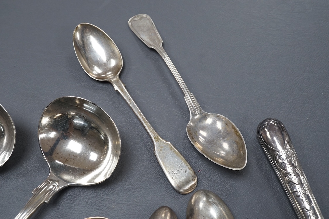 A small quantity of assorted 19th century and later flatware, various dates and makers, 15.3oz